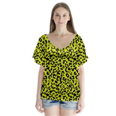 Leopard Spots Pattern, Yellow And Black Animal Fur Print, Wild Cat Theme V-neck Flutter Sleeve Top by Casemiro