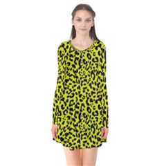 Leopard Spots Pattern, Yellow And Black Animal Fur Print, Wild Cat Theme Long Sleeve V-neck Flare Dress by Casemiro