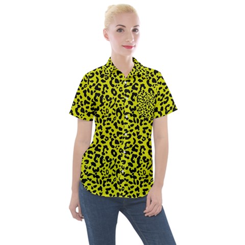 Leopard Spots Pattern, Yellow And Black Animal Fur Print, Wild Cat Theme Women s Short Sleeve Pocket Shirt by Casemiro