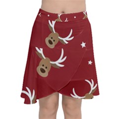 Cute Reindeer Head With Star Red Background Chiffon Wrap Front Skirt by BangZart