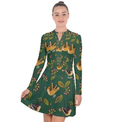 Cute Seamless Pattern Bird With Berries Leaves Long Sleeve Panel Dress by BangZart