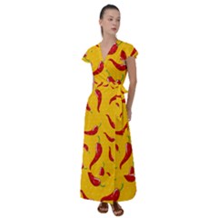 Chili Vegetable Pattern Background Flutter Sleeve Maxi Dress by BangZart