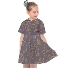 Seamless Pattern Gold Floral Ornament Dark Background Fashionable Textures Golden Luster Kids  Sailor Dress by BangZart