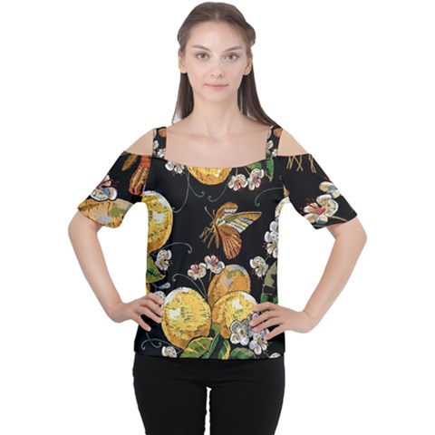 Embroidery Blossoming Lemons Butterfly Seamless Pattern Cutout Shoulder Tee by BangZart