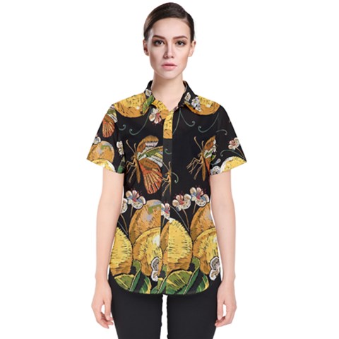 Embroidery Blossoming Lemons Butterfly Seamless Pattern Women s Short Sleeve Shirt by BangZart