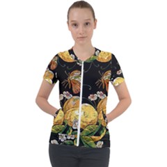 Embroidery Blossoming Lemons Butterfly Seamless Pattern Short Sleeve Zip Up Jacket by BangZart