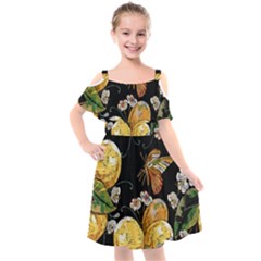 Embroidery Blossoming Lemons Butterfly Seamless Pattern Kids  Cut Out Shoulders Chiffon Dress by BangZart