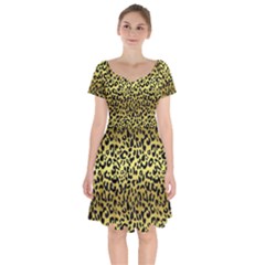 Gold And Black, Metallic Leopard Spots Pattern, Wild Cats Fur Short Sleeve Bardot Dress by Casemiro