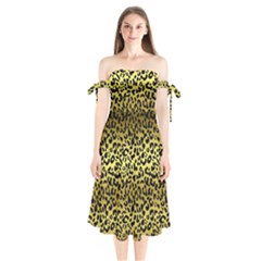 Gold And Black, Metallic Leopard Spots Pattern, Wild Cats Fur Shoulder Tie Bardot Midi Dress by Casemiro