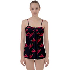 Red, Hot Jalapeno Peppers, Chilli Pepper Pattern At Black, Spicy Babydoll Tankini Set by Casemiro