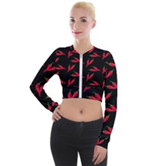 Red, Hot Jalapeno Peppers, Chilli Pepper Pattern At Black, Spicy Long Sleeve Cropped Velvet Jacket by Casemiro