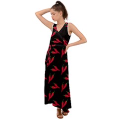 Red, Hot Jalapeno Peppers, Chilli Pepper Pattern At Black, Spicy V-neck Chiffon Maxi Dress by Casemiro