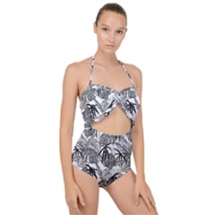 Black And White Leafs Pattern, Tropical Jungle, Nature Themed Scallop Top Cut Out Swimsuit by Casemiro