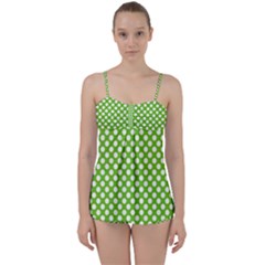 Pastel Green Lemon, White Polka Dots Pattern, Classic, Retro Style Babydoll Tankini Set by Casemiro