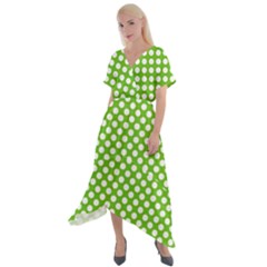 Pastel Green Lemon, White Polka Dots Pattern, Classic, Retro Style Cross Front Sharkbite Hem Maxi Dress by Casemiro