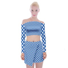 Pastel Blue, White Polka Dots Pattern, Retro, Classic Dotted Theme Off Shoulder Top With Mini Skirt Set by Casemiro