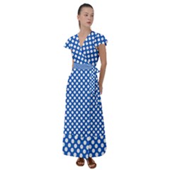 Pastel Blue, White Polka Dots Pattern, Retro, Classic Dotted Theme Flutter Sleeve Maxi Dress by Casemiro