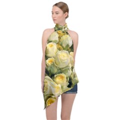 Yellow Roses Halter Asymmetric Satin Top by Sparkle