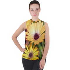 Yellow Flowers Mock Neck Chiffon Sleeveless Top by Sparkle