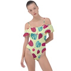 Watermelons, Fruits And Ice Cream, Pastel Colors, At Yellow Frill Detail One Piece Swimsuit by Casemiro