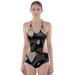 Trippy Sepia Paint Splash, Brown, Army Style Camo, Dotted Abstract Pattern Cut-out One Piece Swimsuit by Casemiro