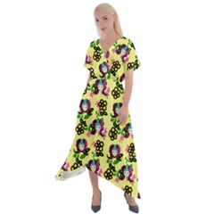 60s Girl Yellow Floral Daisy Cross Front Sharkbite Hem Maxi Dress by snowwhitegirl