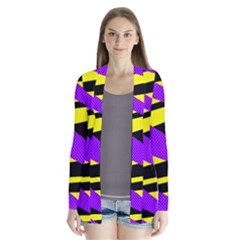 Abstract Triangles, Three Color Dotted Pattern, Purple, Yellow, Black In Saturated Colors Drape Collar Cardigan by Casemiro