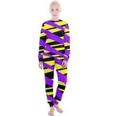 Abstract Triangles, Three Color Dotted Pattern, Purple, Yellow, Black In Saturated Colors Women s Lounge Set by Casemiro