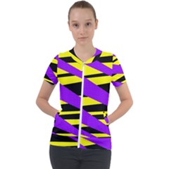 Abstract Triangles, Three Color Dotted Pattern, Purple, Yellow, Black In Saturated Colors Short Sleeve Zip Up Jacket by Casemiro