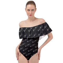 Xoxo Black And White Pattern, Kisses And Love Geometric Theme Off Shoulder Velour Bodysuit  by Casemiro