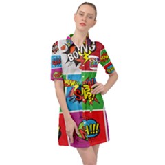 Pop Art Comic Vector Speech Cartoon Bubbles Popart Style With Humor Text Boom Bang Bubbling Expressi Belted Shirt Dress by Amaryn4rt