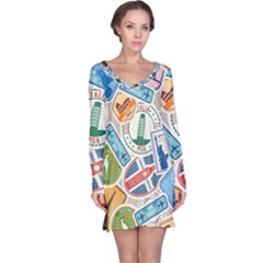 Travel Pattern Immigration Stamps Stickers With Historical Cultural Objects Travelling Visa Immigrant Long Sleeve Nightdress by Amaryn4rt