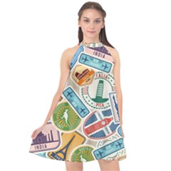 Travel Pattern Immigration Stamps Stickers With Historical Cultural Objects Travelling Visa Immigrant Halter Neckline Chiffon Dress  by Amaryn4rt