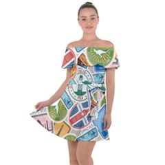 Travel Pattern Immigration Stamps Stickers With Historical Cultural Objects Travelling Visa Immigrant Off Shoulder Velour Dress by Amaryn4rt