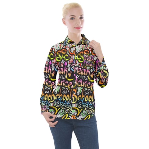 Graffiti Word Seamless Pattern Women s Long Sleeve Pocket Shirt by Amaryn4rt