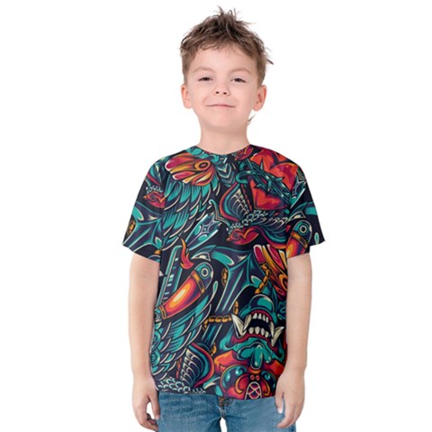 Vintage Tattoos Colorful Seamless Pattern Kids  Cotton Tee by Amaryn4rt