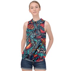 Vintage Tattoos Colorful Seamless Pattern High Neck Satin Top by Amaryn4rt