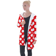 Large White Polka Dots Pattern, Retro Style, Pinup Pattern Longline Hooded Cardigan by Casemiro