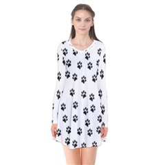 Dog Paws Pattern, Black And White Vector Illustration, Animal Love Theme Long Sleeve V-neck Flare Dress by Casemiro