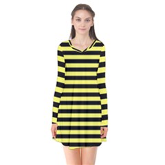 Wasp Stripes Pattern, Yellow And Black Lines, Bug Themed Long Sleeve V-neck Flare Dress by Casemiro