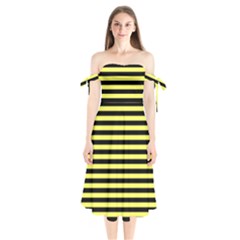 Wasp Stripes Pattern, Yellow And Black Lines, Bug Themed Shoulder Tie Bardot Midi Dress by Casemiro