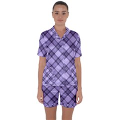 Pastel Purple And Steel Black Lines Pattern, Retro Tartan, Classic Plaid Satin Short Sleeve Pyjamas Set by Casemiro