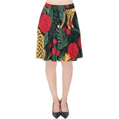 Seamless-pattern-with-leopards-and-roses-vector Velvet High Waist Skirt by Sobalvarro