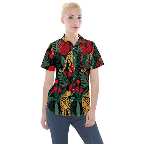 Seamless-pattern-with-leopards-and-roses-vector Women s Short Sleeve Pocket Shirt by Sobalvarro