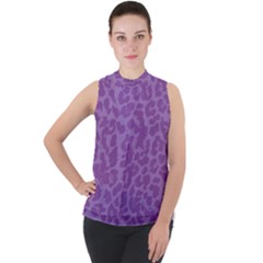 Purple Big Cat Pattern Mock Neck Chiffon Sleeveless Top by Angelandspot