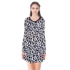 Leopard Spots, White, Brown Black, Animal Fur Print Long Sleeve V-neck Flare Dress by Casemiro