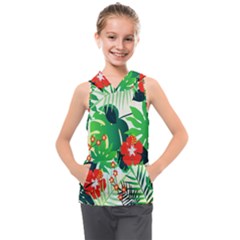 Tropical Leaf Flower Digital Kids  Sleeveless Hoodie by Mariart