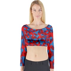 Red And Blue Camouflage Pattern Long Sleeve Crop Top by SpinnyChairDesigns