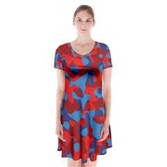 Red And Blue Camouflage Pattern Short Sleeve V-neck Flare Dress by SpinnyChairDesigns