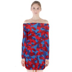 Red And Blue Camouflage Pattern Long Sleeve Off Shoulder Dress by SpinnyChairDesigns